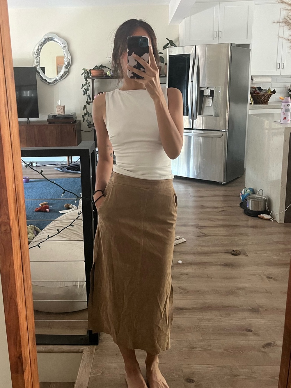 Wilfred Tan Midi Skirt with Subtle A-Line